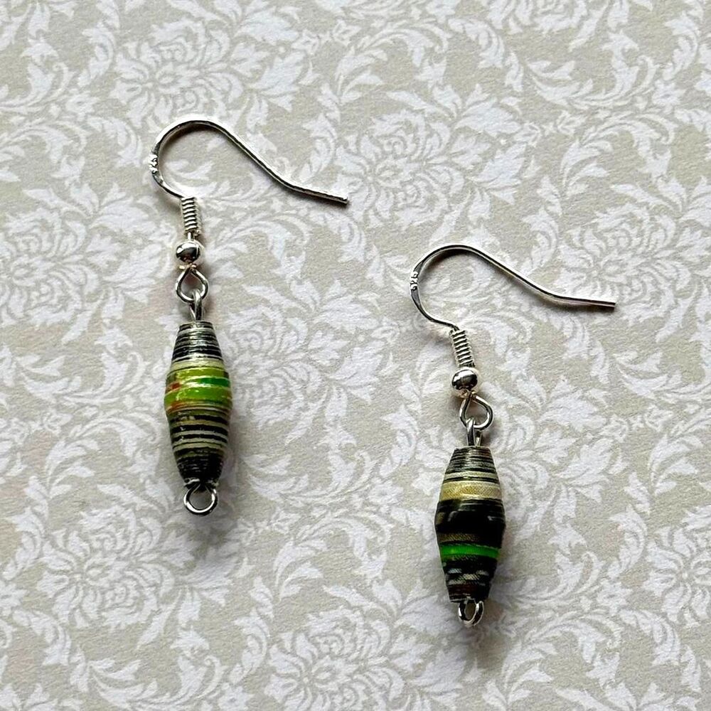 Handmade Green and Brown Paper Bead Sterling Silver Dangle Earrings